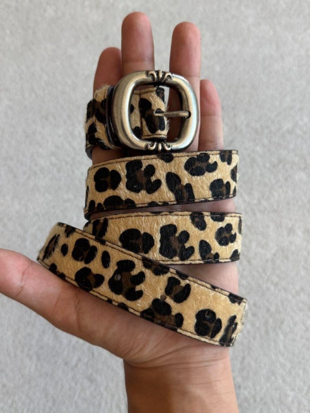 Tan Leopard Oval Silver Buckle Belt